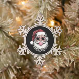 Retro Santa With Glasses Blowing Bubble Christmas Snowflake Pewter Christmas Ornament