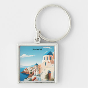 Retro Santorini Greece Mediterranean Blue & White Keychain