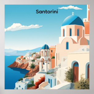 Retro Santorini Greece Mediterranean Blue & White  Poster