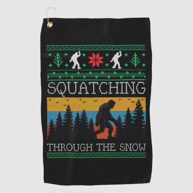 Retro Sasquatch Bigfoot Ugly Christmas Sweater Golf Towel (Front)