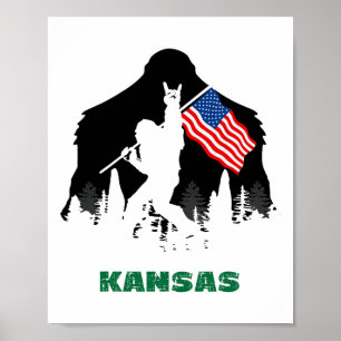 Retro Sasquatch Kansas Usa Flag Bigfoot Hiking Cam Poster