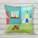 Retro Saturday Morning Outdoor Pillow<br><div class="desc">Welcome to Suburbia! This Retro Saturday Morning Outdoor Pillow features an attractive minimalist cartoon couple in their little corner of paradise. From the window of a turquoise and teal brick house, we can see Mrs. Homemaker. The beautiful redhead is wearing a hot pink frock. She is holding a pitcher of...</div>