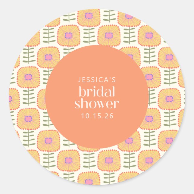 Retro Scandi Yellow Orange Flower Bridal Shower  Classic Round Sticker (Front)