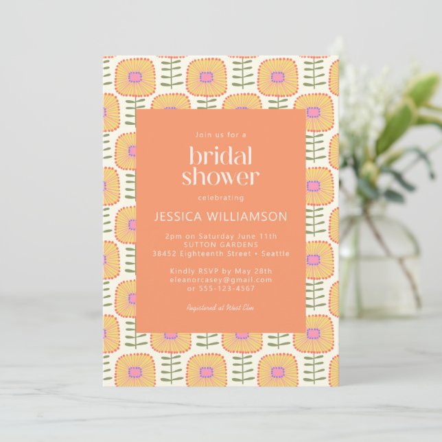 Retro Scandi Yellow Orange Flower Bridal Shower Invitation (Standing Front)