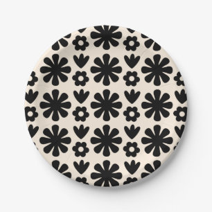 Retro Scandinavian Floral Pattern Black & Cream Paper Plate