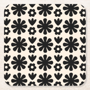 Retro Scandinavian Floral Pattern Black & Cream Square Paper Coaster