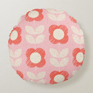 Retro Scandinavian Stylized Floral Seamless Round Pillow