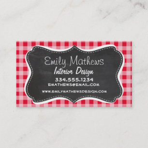 Retro Scarlet Red Gingham; Chalkboard look Business Card