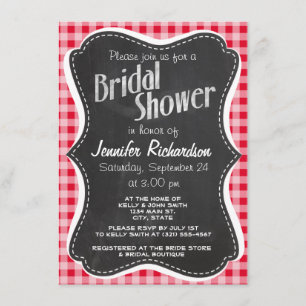 Retro Scarlet Red Gingham; Chalkboard look Invitation