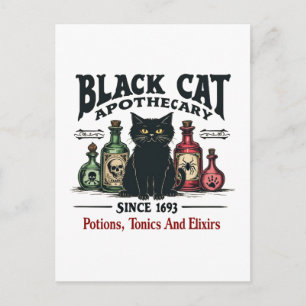 Retro Scary Black Cat Apothecary Witchy Wicca Holiday Postcard