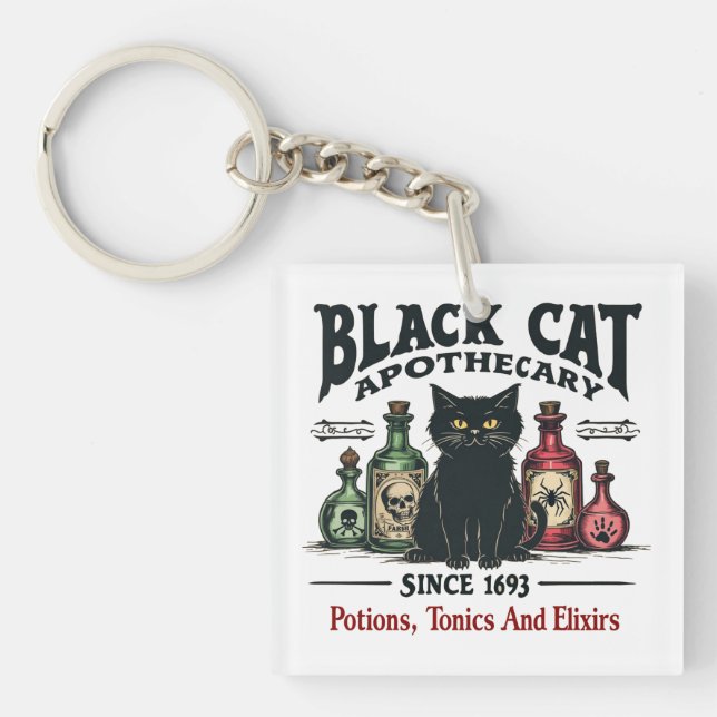 Retro Scary Black Cat Apothecary Witchy Wicca  Keychain (Front)