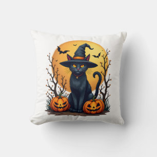 Retro Scary Halloween Costume Black Cat Salem Apot Throw Pillow