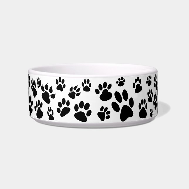 Retro Scattered Dog Paw Prints Black and White Bowl (Front)