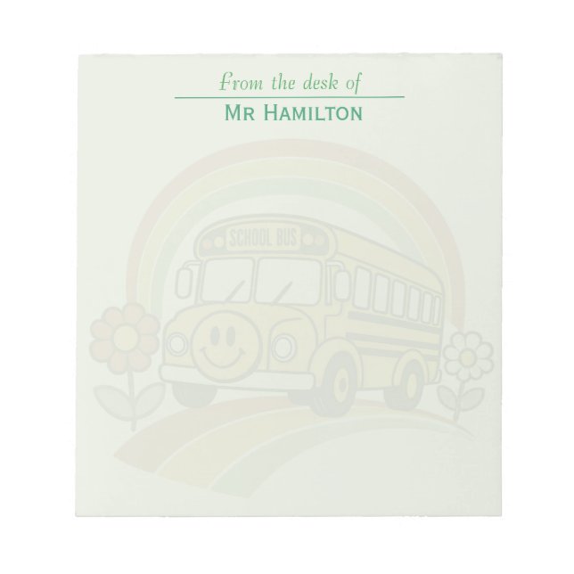 Retro School Bus Personalized Notepad — Sage Green (Front)