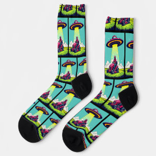 Retro Sci Fi Cartoon Lawnmower and Rocket Ship Socks