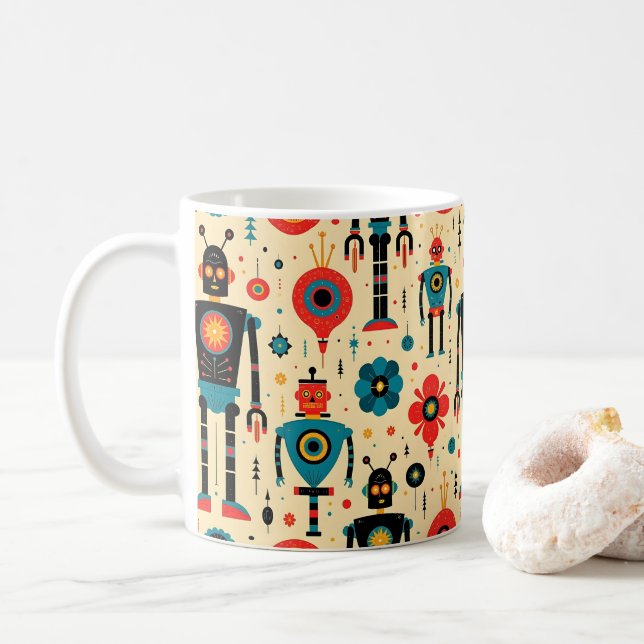 Retro Sci Fi Cartoon Robot Pattern Coffee Mug (With Donut)