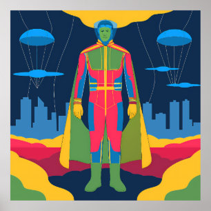 Retro Sci-Fi Hero Over Cityscape Poster