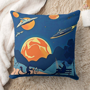 Retro Sci-Fi Planet Scene Throw Pillow