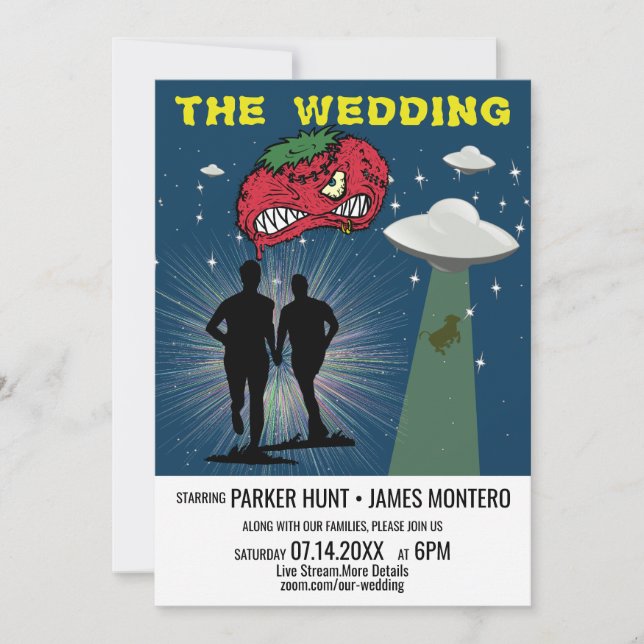 Retro Sci Fi Poster Gay Virtual Wedding Invitation (Front)
