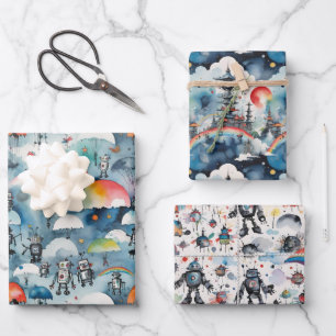 Retro Sci-Fi Robots In Space Wrapping Paper Sheet