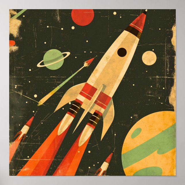 Retro Sci-Fi Rocket Space Illustration Design Poster (Front)