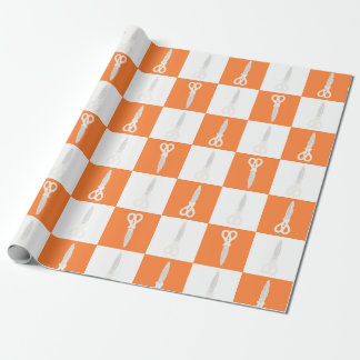 Retro Scissors Orange Chequered Pattern Wrapping Paper
