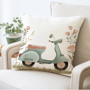 Retro Scooter Pillow, Vintage Floral Scooter Throw Pillow