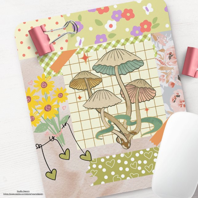 Retro scrapbook collage artwork floral Mushrooms Mouse Pad (Creator Uploaded)