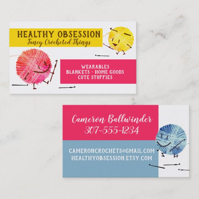 Retro scribble yarn crochet hooks business card (Front/Back)