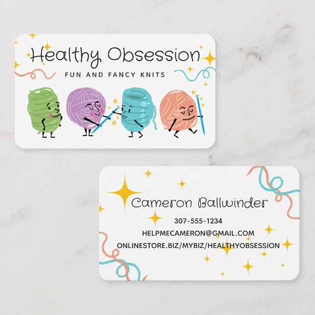 Retro scribble yarn knitting needles business card (Front/Back)