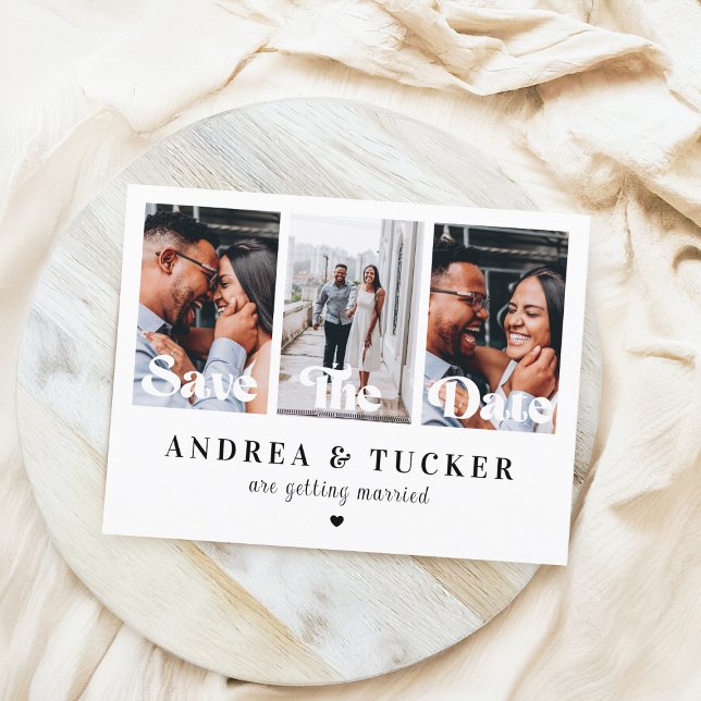 Retro Script 3 Photo Collage Wedding Save The Date Postcard (Creator Uploaded)