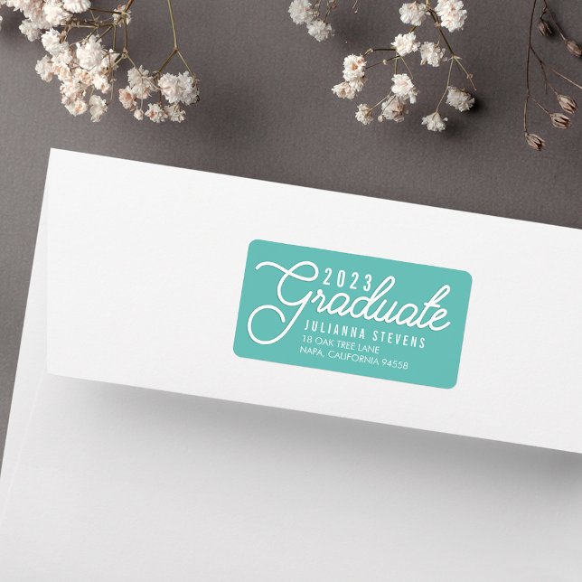 Retro Script Aqua Graduation Return Address Label (Creator Uploaded)