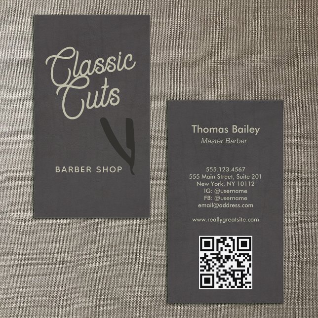 Retro Script Barber Shop QR Code Business Card (Creator Uploaded)
