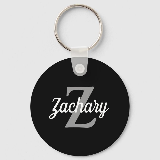 Retro Script Black Grey White Monogram Keychain (Front)