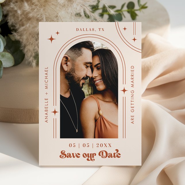 Retro Script Boho Arch Photo Terracotta Wedding Save The Date (Creator Uploaded)