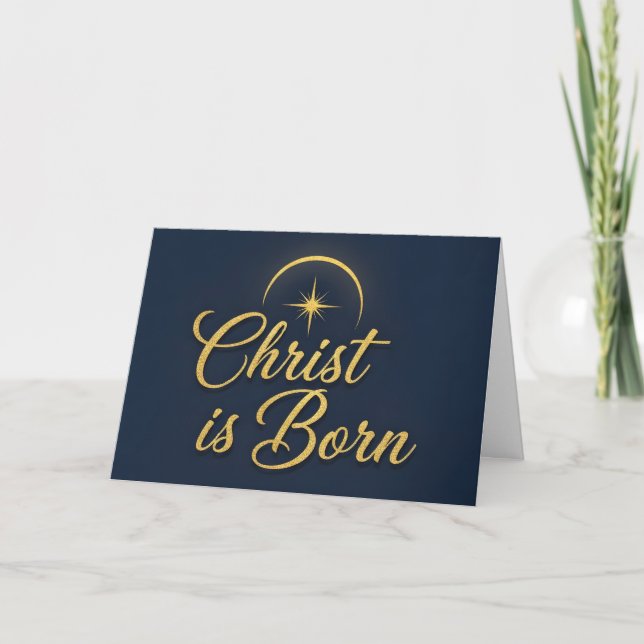 Retro Script Christ is Born Christmas Holiday Card (Front)