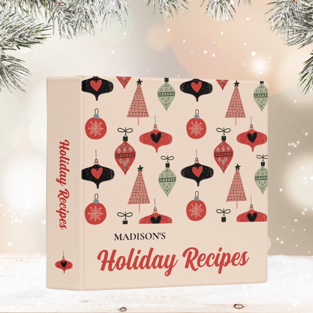 Retro Script Christmas Holiday Recipe Binder (A personalized binder for your favorite holiday recipes—features retro ornaments.)