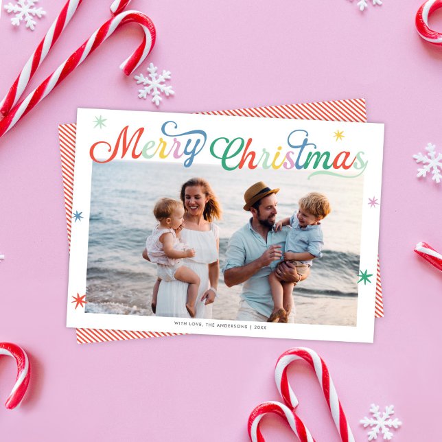 Retro Script Colorful Merry Christmas One Photo Holiday Card (Creator Uploaded)