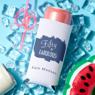 Retro Script Fifty & FABULOUS Blue Seltzer Can Cooler