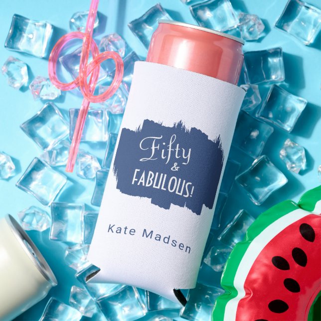 Retro Script Fifty & FABULOUS Blue Seltzer Can Cooler (In Situ Summer)