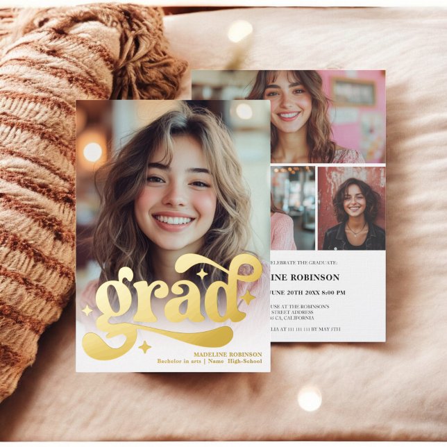 Retro Script gold White 4 Photo Graduation (Retro Script gold White 4 Photo Graduation Foil Invitation)