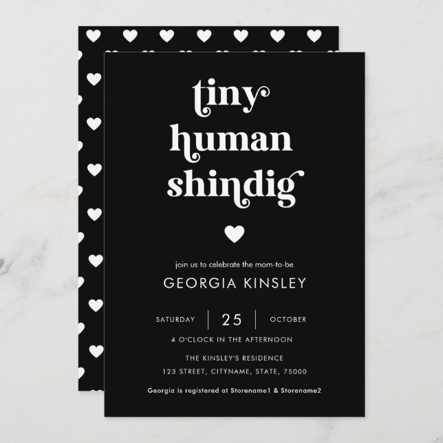 Retro Script Heart Tiny Human Shindig Baby Shower Invitation (Front/Back)