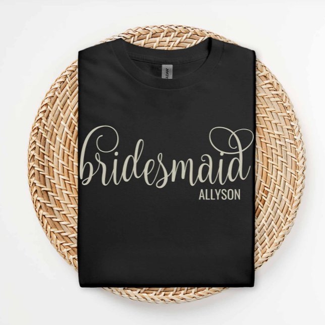Retro Script Natural on Black Bridesmaid T-Shirt (Creator Uploaded)