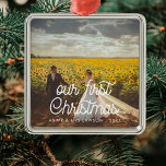 Retro script Our First Christmas couple photo Metal Ornament<br><div class="desc">A modern typography for this photo ornaments collection. To customize with your favourite picture. You can also easily change the colour of the font to your liking.</div>