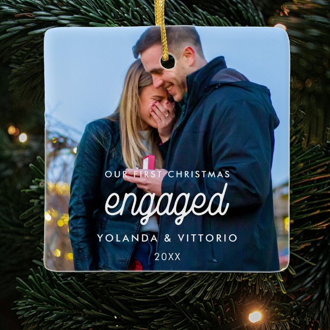 Retro script Our First Christmas engaged photo Ceramic Ornament (Creator Uploaded)