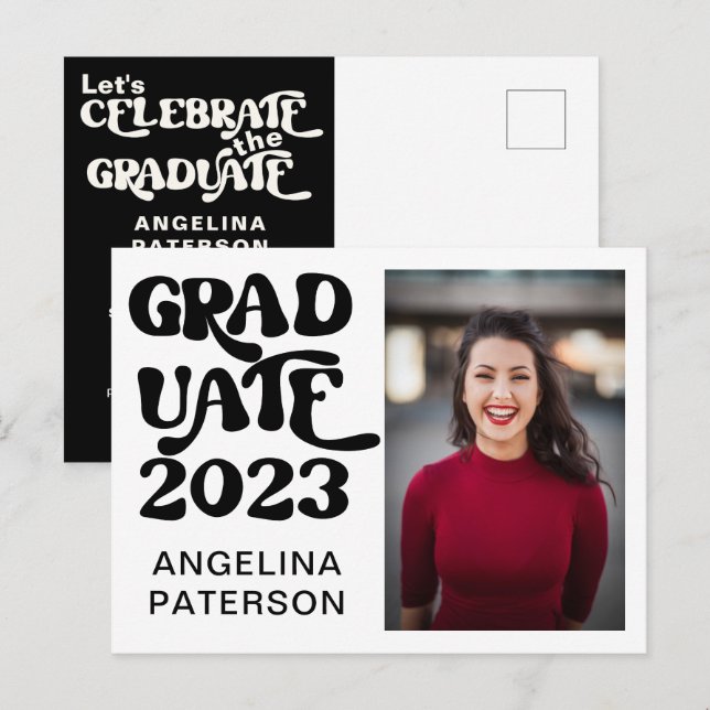 Retro Script Photo Black & White Graduate Party Invitation Postcard (Front/Back)