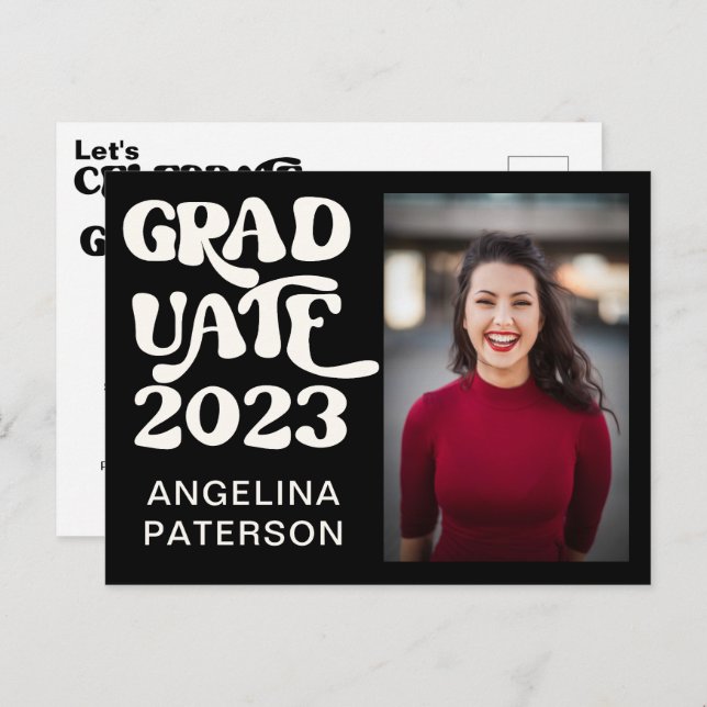 Retro Script Photo Black & White Graduate Party Invitation Postcard (Front/Back)