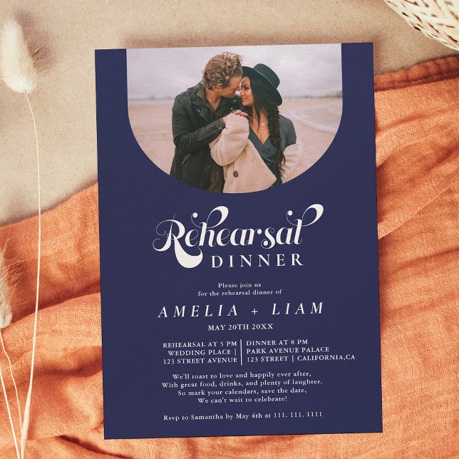 Retro script photo navy blue rehearsal dinner invitation (Creator Uploaded)