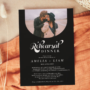 Retro script photo white black rehearsal dinner invitation