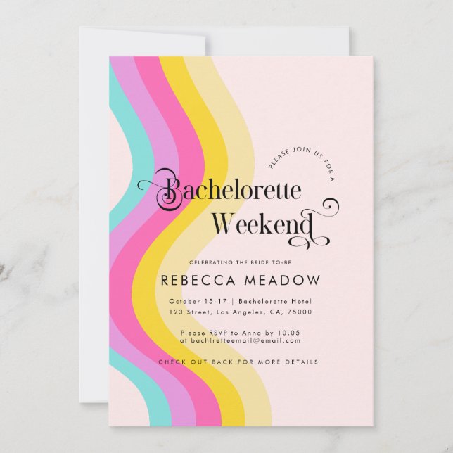 Retro Script Rainbow Colourful Bachelorette Party Invitation (Front)